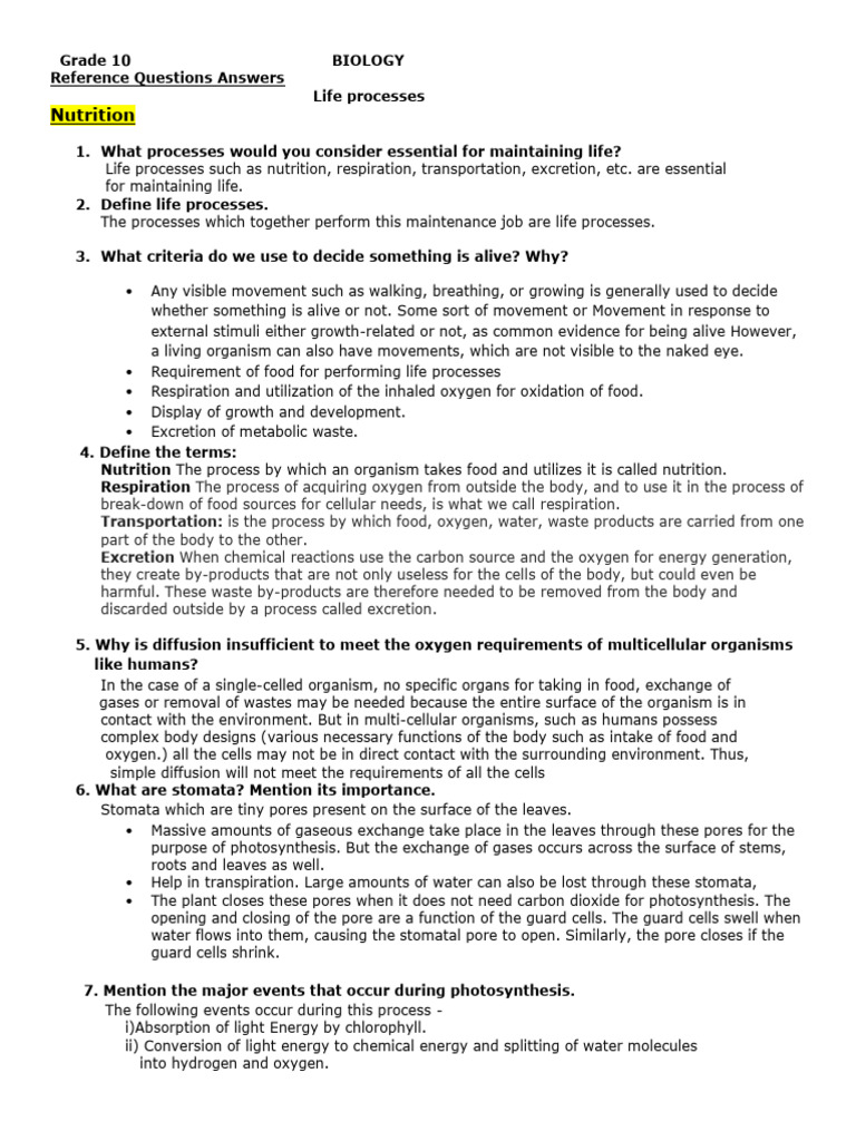Grade 10 BIOLOGY Life Processes Ref Notes NUTRITION | PDF