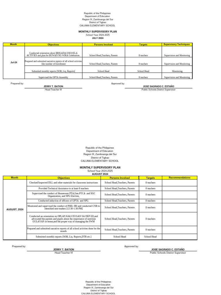 Monthly Supervisory Plan 2024 | PDF