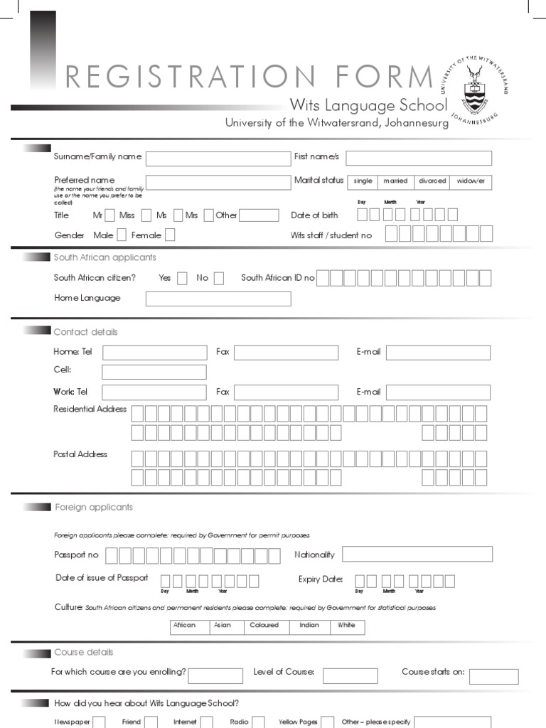 Registration Form Wits Language School PDF Cheque Credit Card