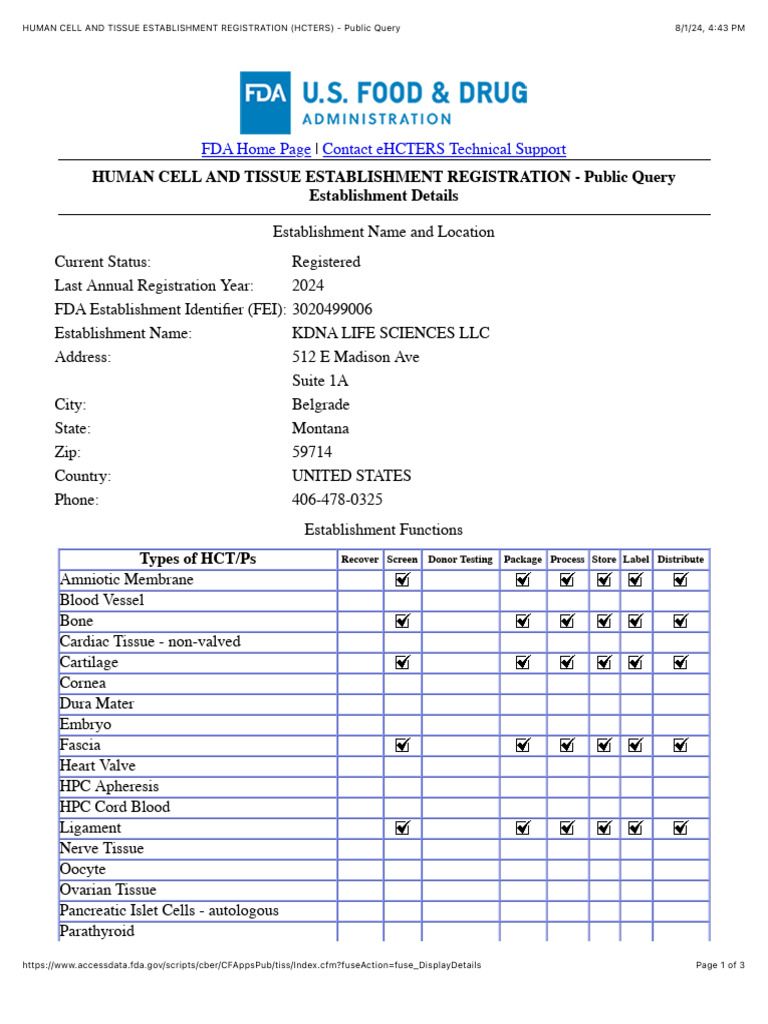 KDNA HUMAN CELL AND TISSUE ESTABLISHMENT REGISTRATION (HCTERS) - Public ...