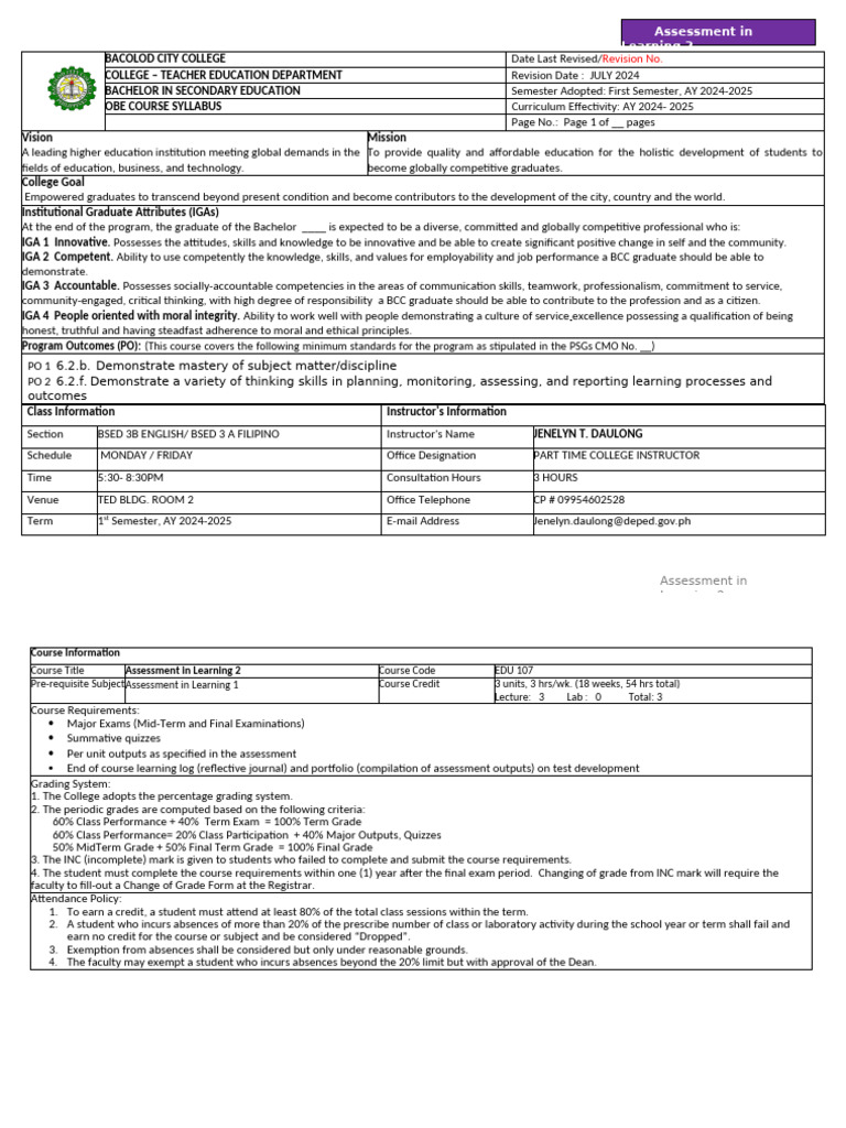 Assessment in Learning 2 Syllabus | PDF | Educational Assessment ...