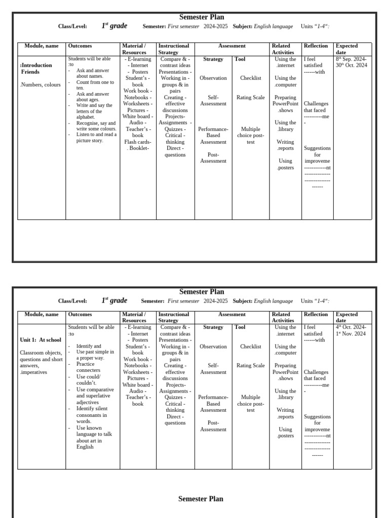 First Semster Plan Copy 2 | PDF