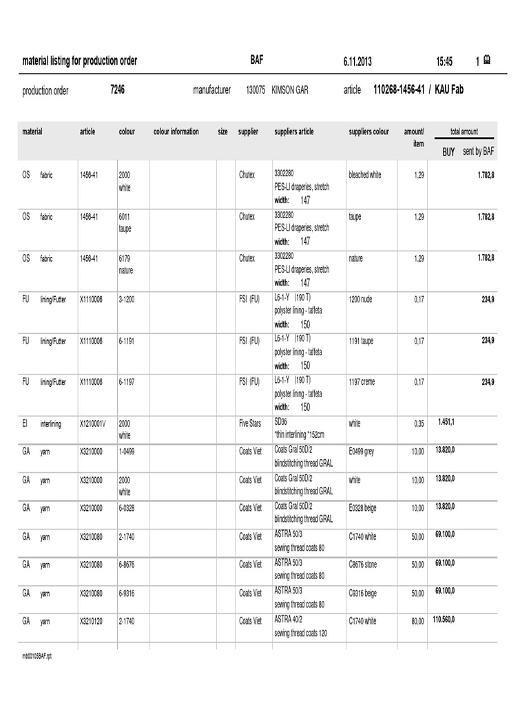 FA 7246 Material List Whole Order | PDF