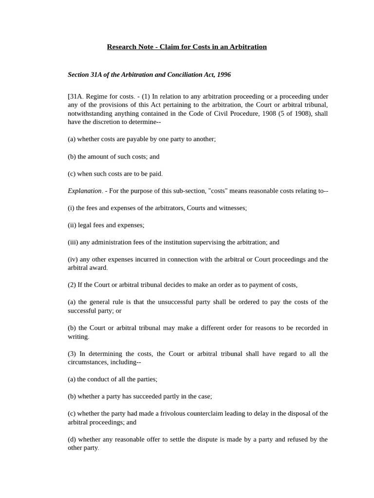Research Note - Claim For Costs in An Arbitration | PDF