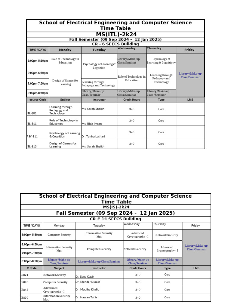 MS Courses Time Table - Final - Fall 2024 | PDF