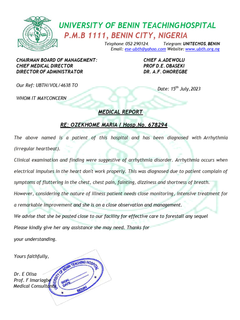 Med Report Maria Edo State Ubth | PDF