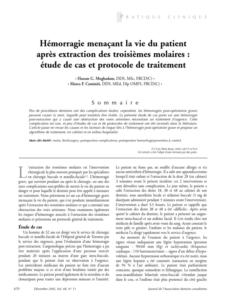 Hémorragie Menaçant La Vie Du Patient Après Extraction Des Troisièmes ...