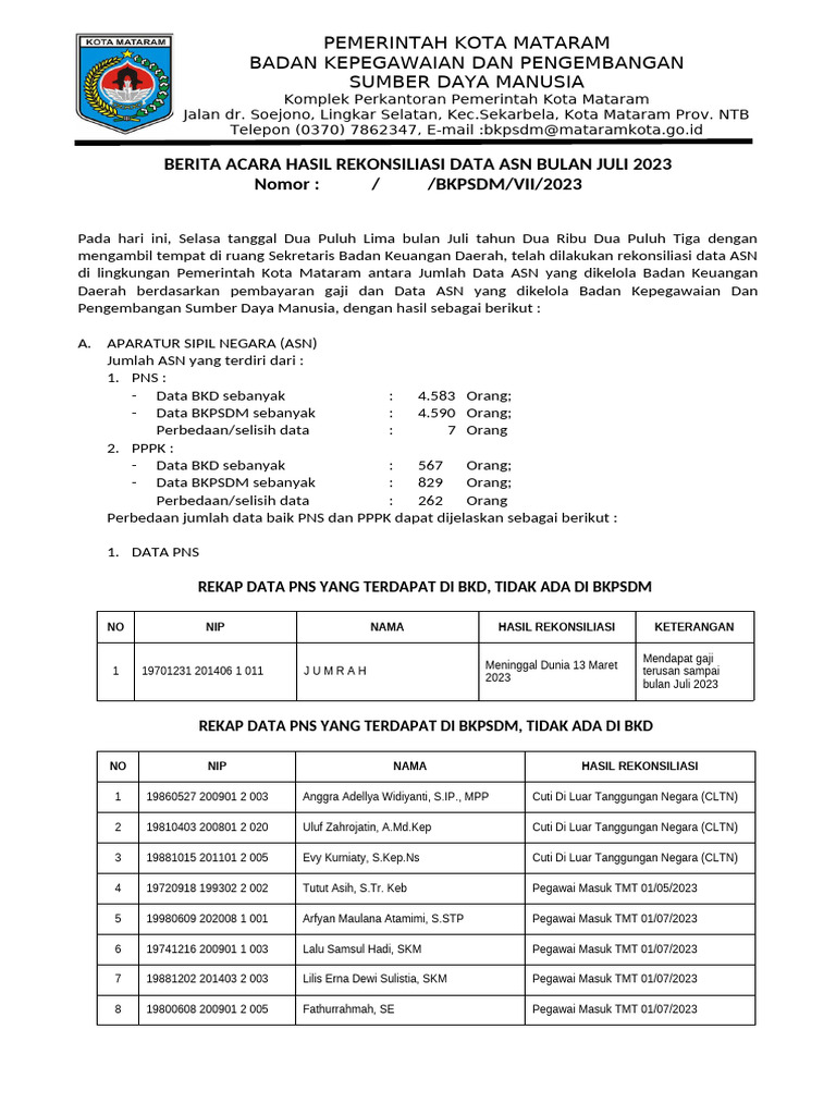 Laporan Hasil Rekonsiliasi Data Asn | PDF
