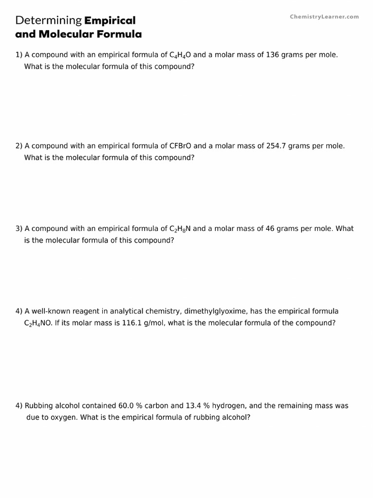 Determining Empirical and Molecular Formulas Worksheet PDF
