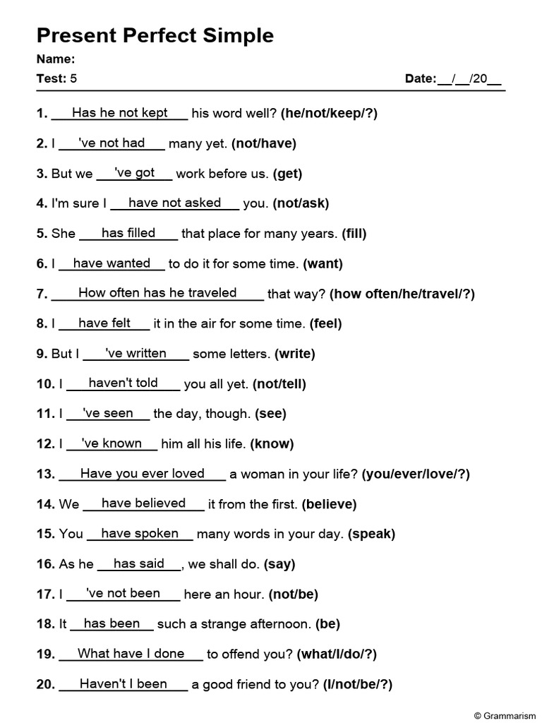 Present Perfect Simple Test | PDF | Language Arts & Discipline