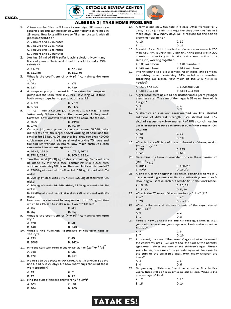 ALGEBRA 2 L TAKE HOME PROBLEMS (AUG 2024) | PDF | Materials | Chemistry