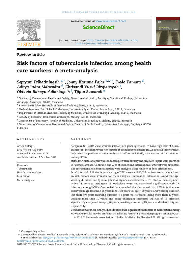 Risk Factors of Tuberculosis Infection Among Health Care Workers A Meta ...