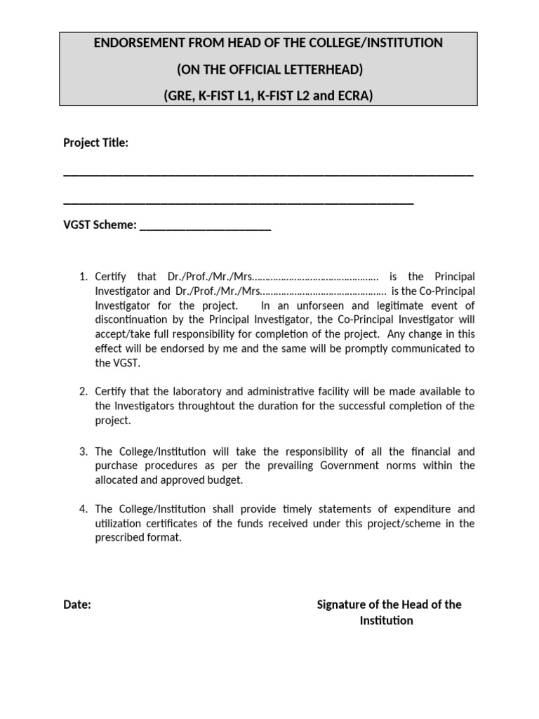 Endorsement by Head of Institution (On Letterhead) - REG - 0 | PDF