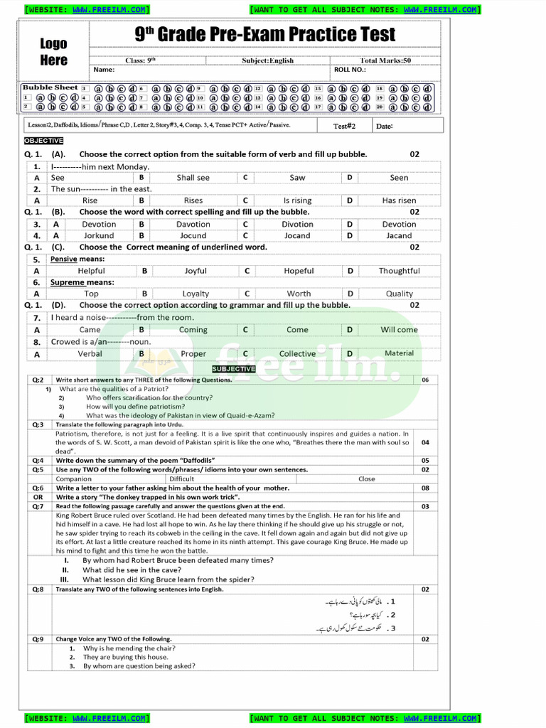 9th English Test Paper 2 | PDF
