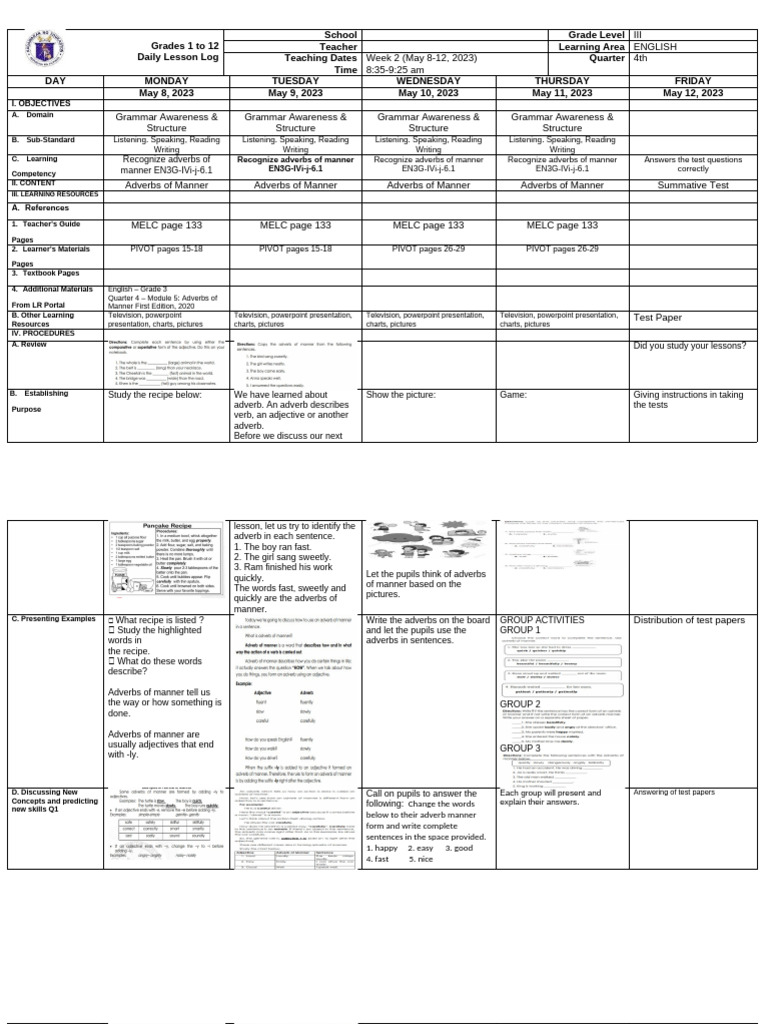Grade 3 English Lesson Plan: Adverbs | PDF | Adverb | Language Arts ...