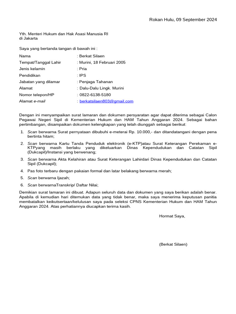 Surat lamaran berkat silaen pdf