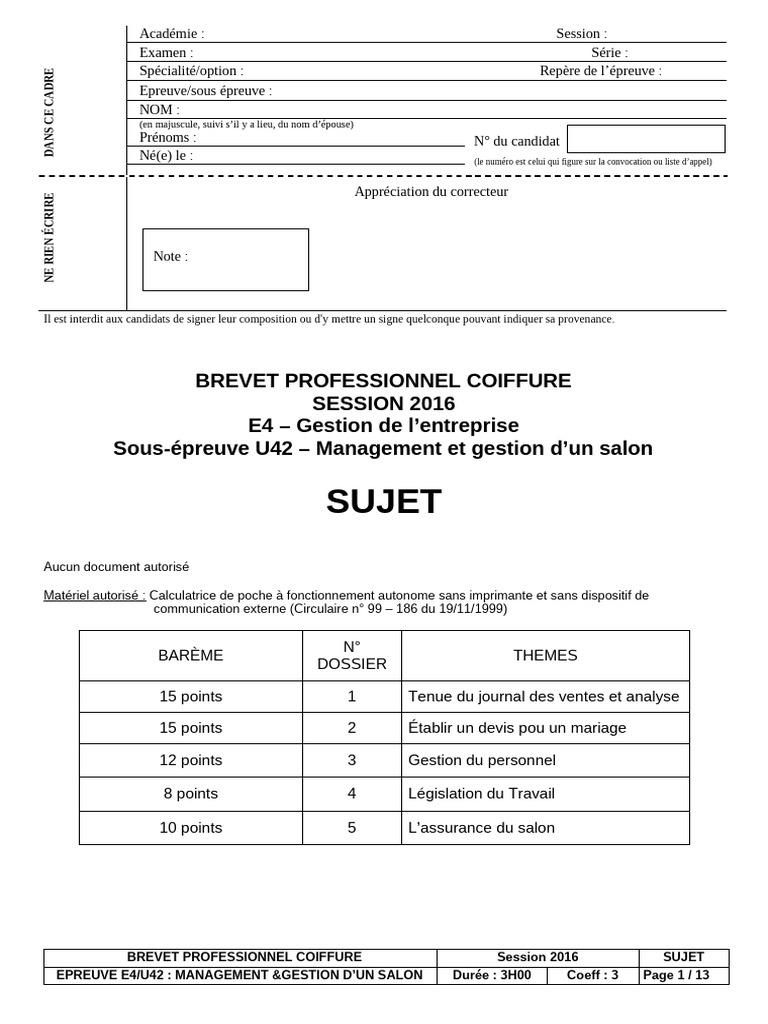BP Coiffure 2016 U42 Management Sujet | PDF