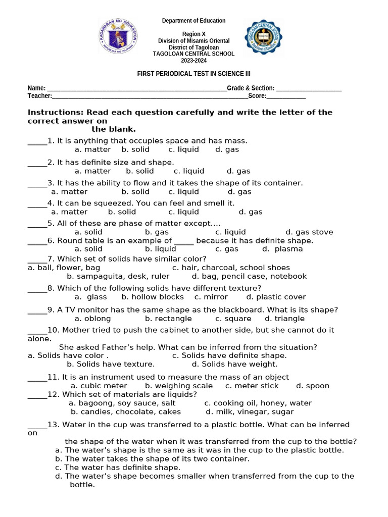 Science 3 1st Quarter Test 1 Pdf
