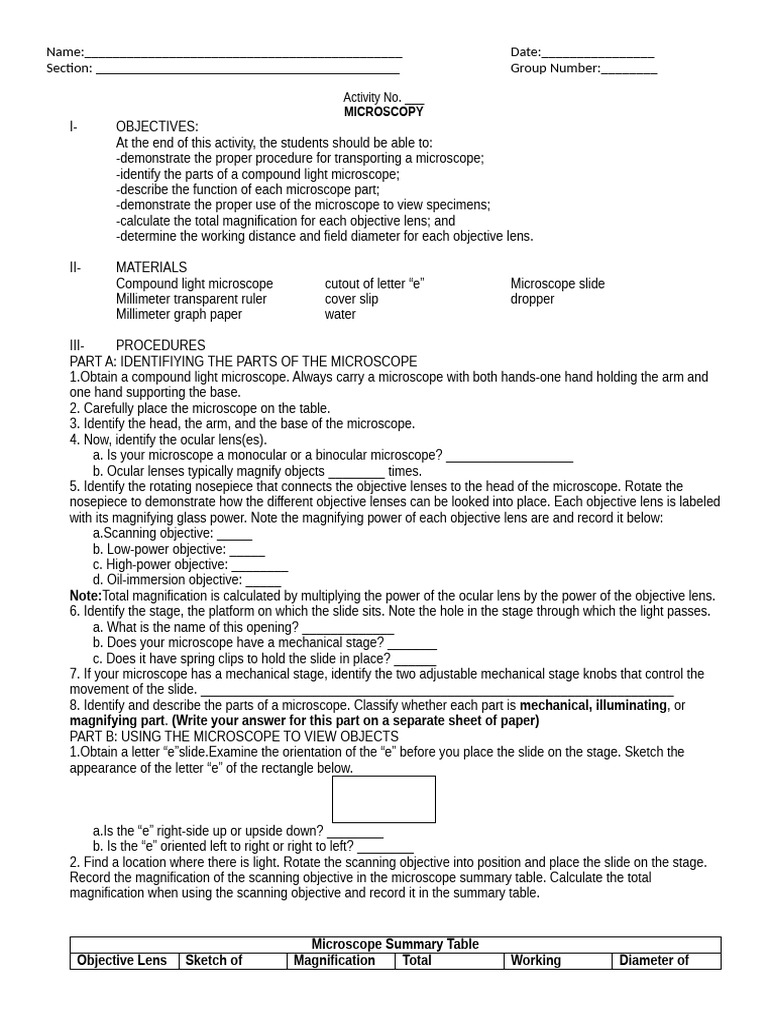 Microscopy Activity | PDF