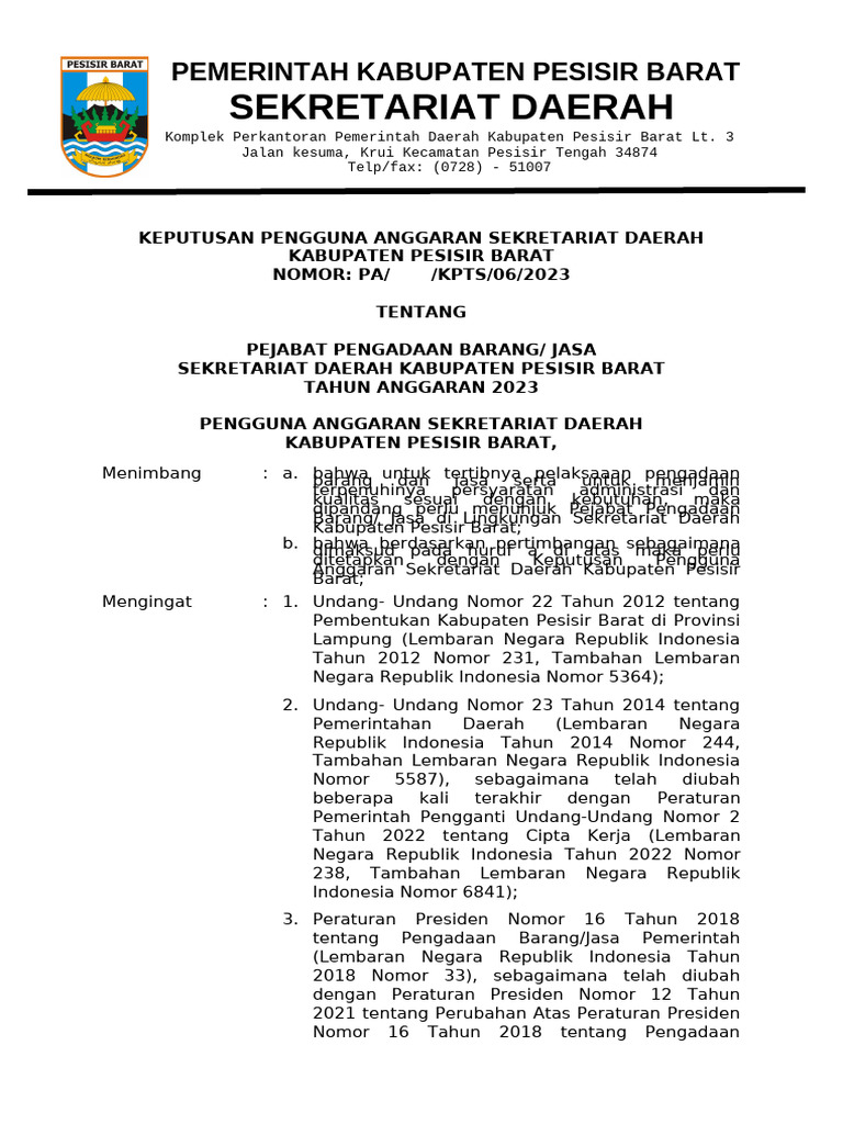2022 SK KPA PEJABAT Pengadaan Barang Jasa | PDF