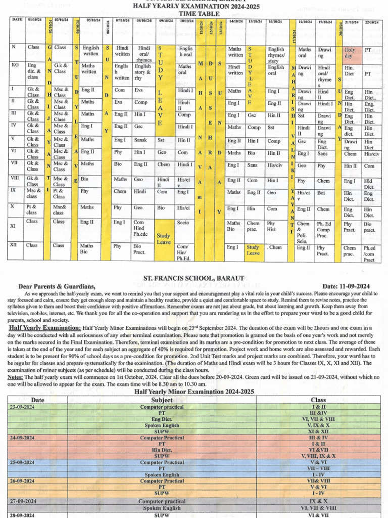 Half Yearly Exam Time Table Pdf Pdf