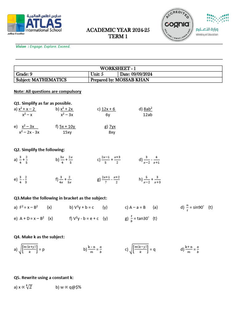 Grade 9 Math Worksheet | PDF