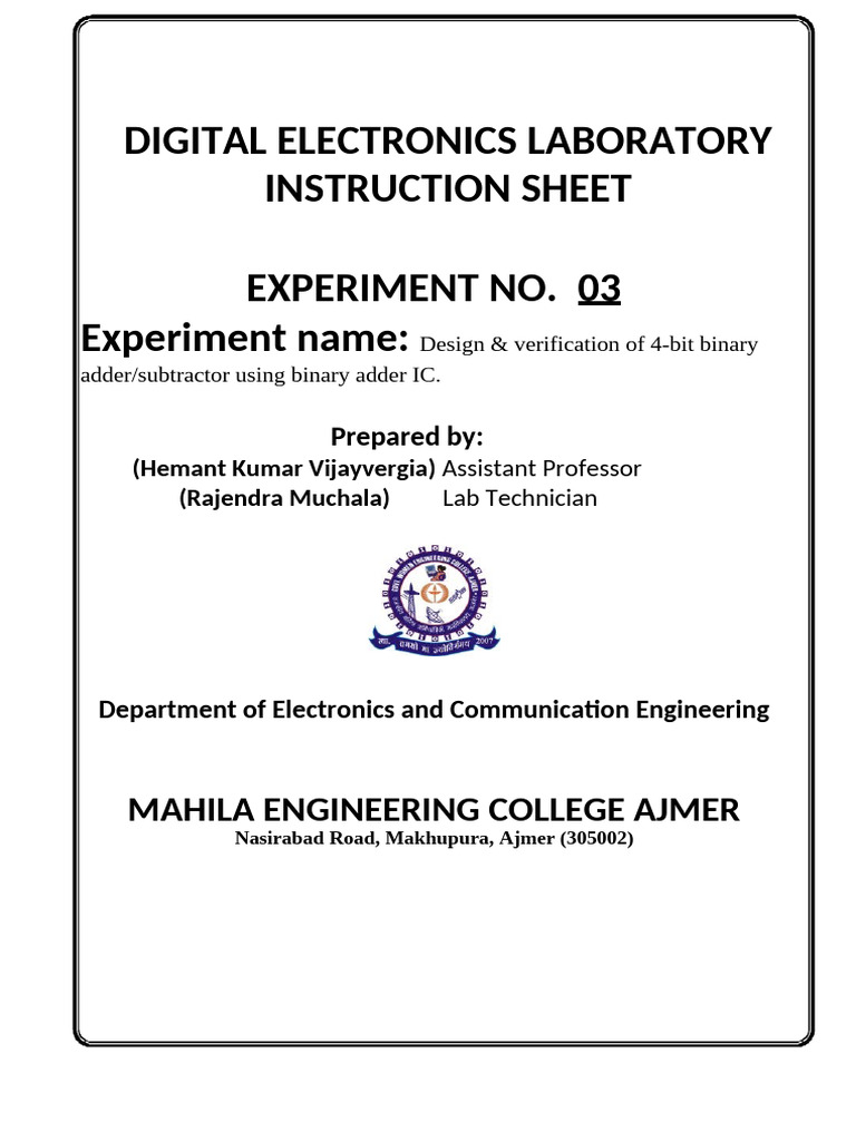 Ex-3 Design & Verification of 4-Bit Binary Adder or Subtractor Using ...