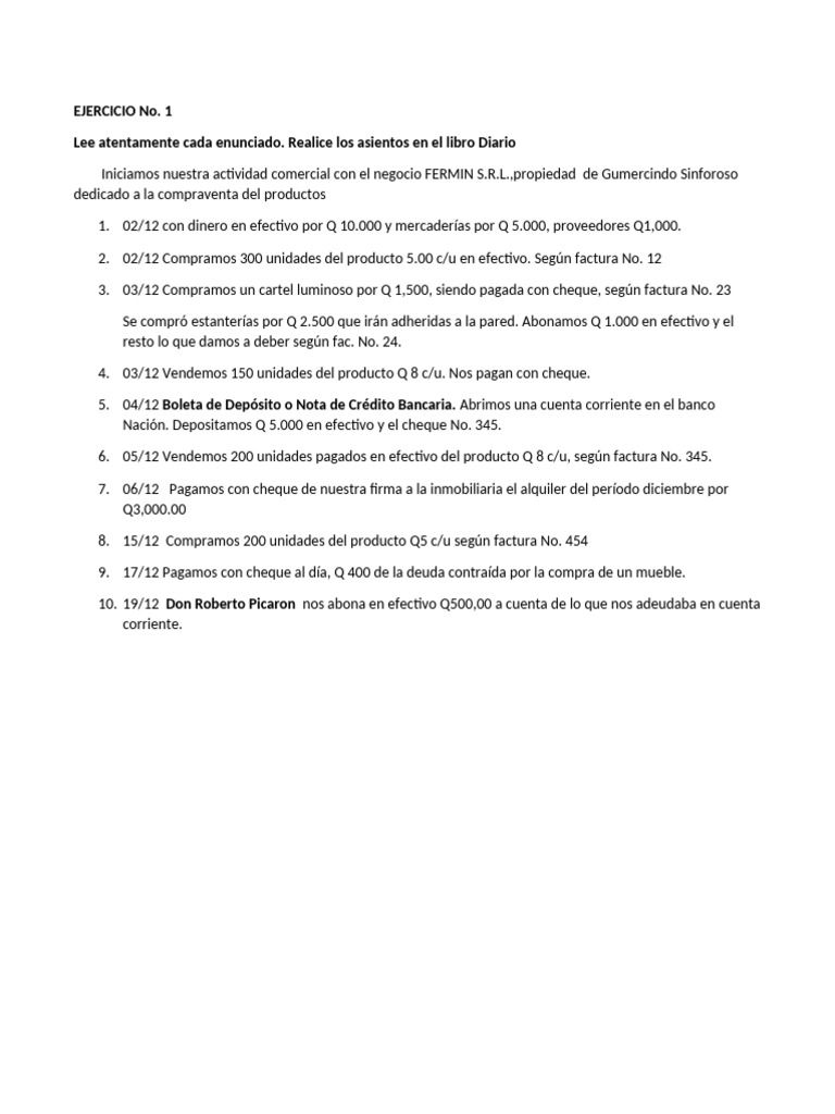 Ejercicio No.1 Libro Diario | PDF