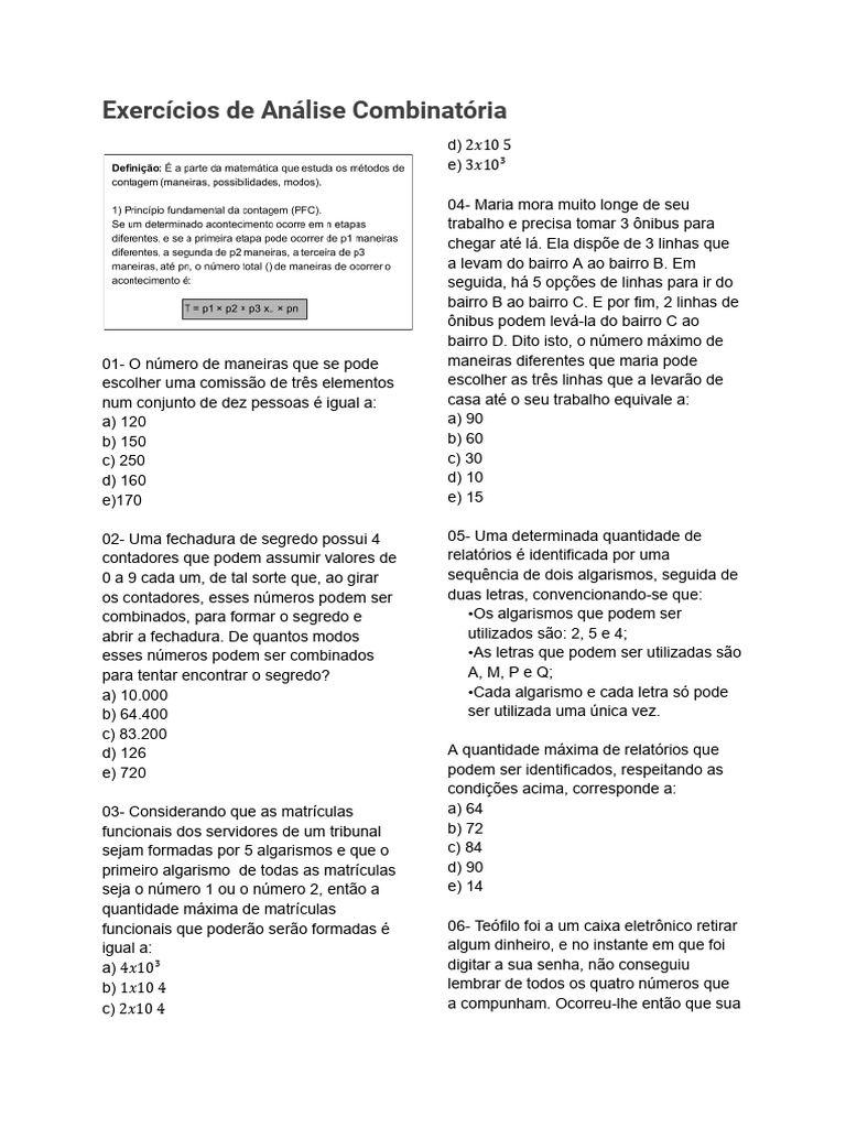 Exercícios de Análise Combinatória 2 | PDF