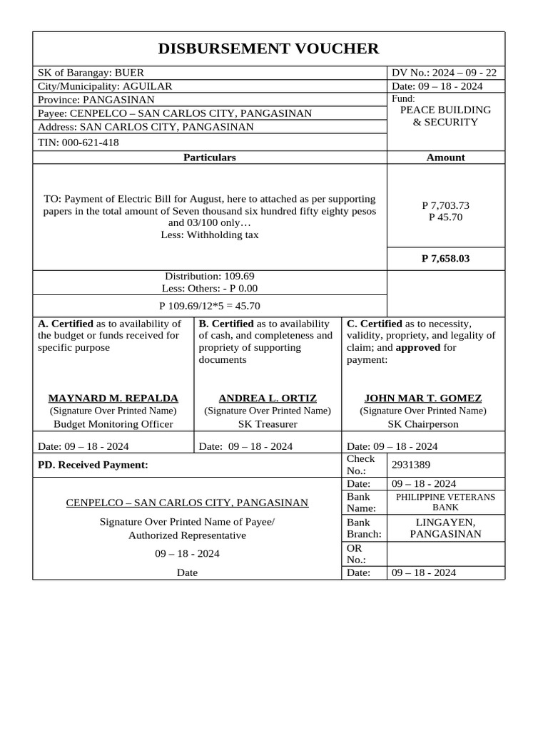 Disbursement Voucher 1 | PDF