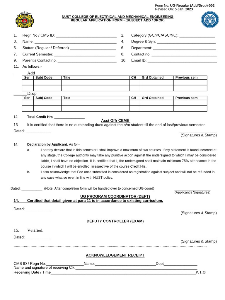 002 - Add Drop Form - Regular Semester | PDF