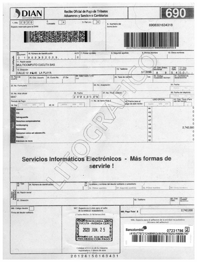 Recibo 690 Oficial de Pago Tributario Dian | PDF