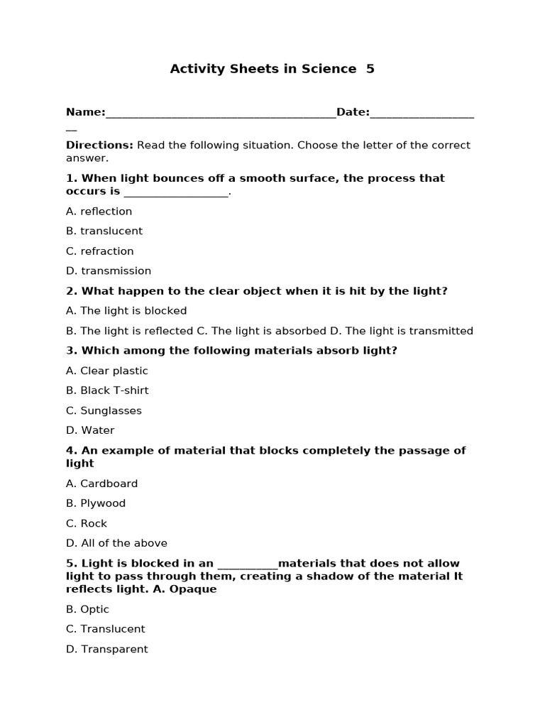 Activity sheets in science 5 pdf
