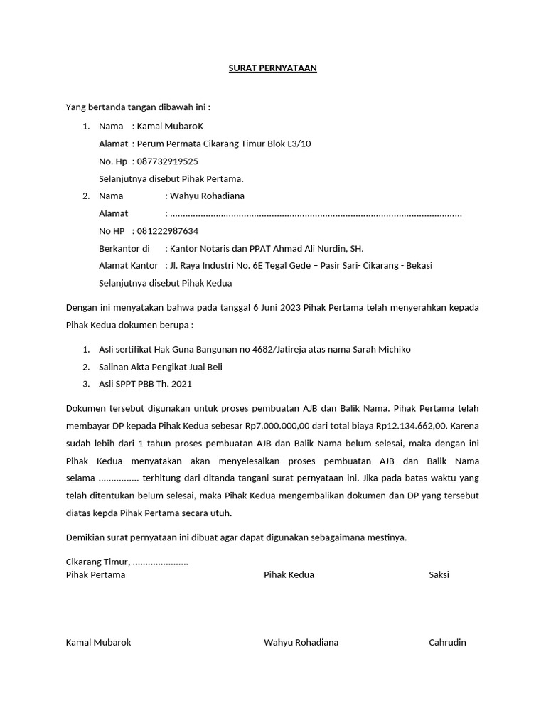 SURAT PERNYATAAN Penyerahan Dokumen | PDF