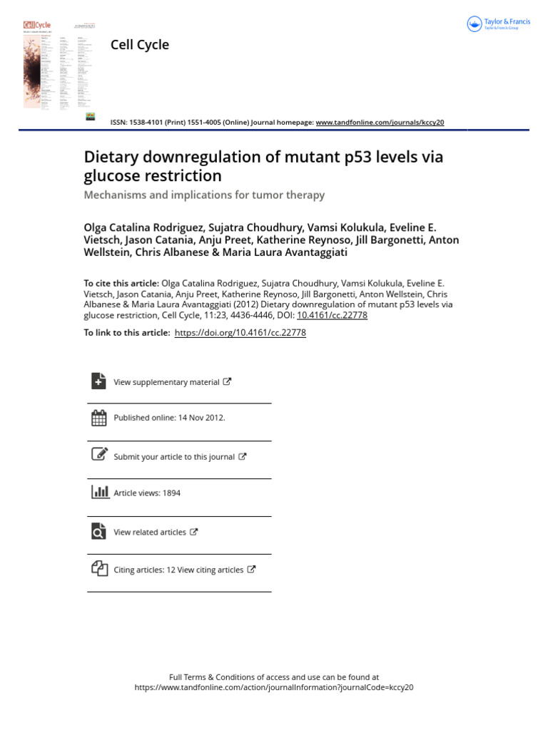Dietary Downregulation of Mutant p53 Levels Via Glucose Restriction | PDF