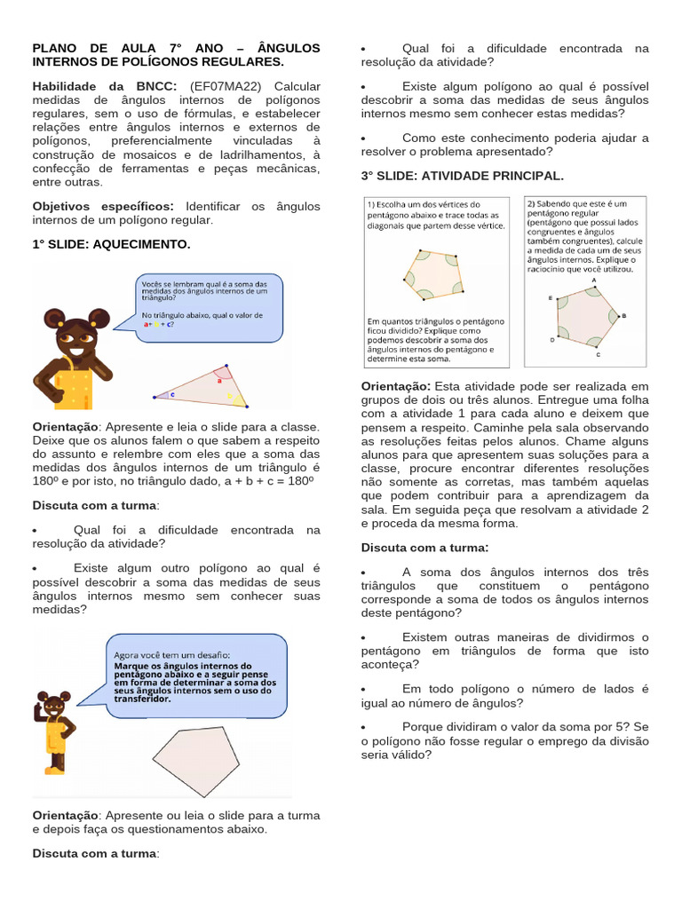 Plano de Aula 7° Ano - Ângulos Internos de Polígonos Regulares. | PDF