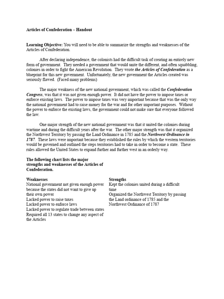 Articles of Confederation - Handout | PDF