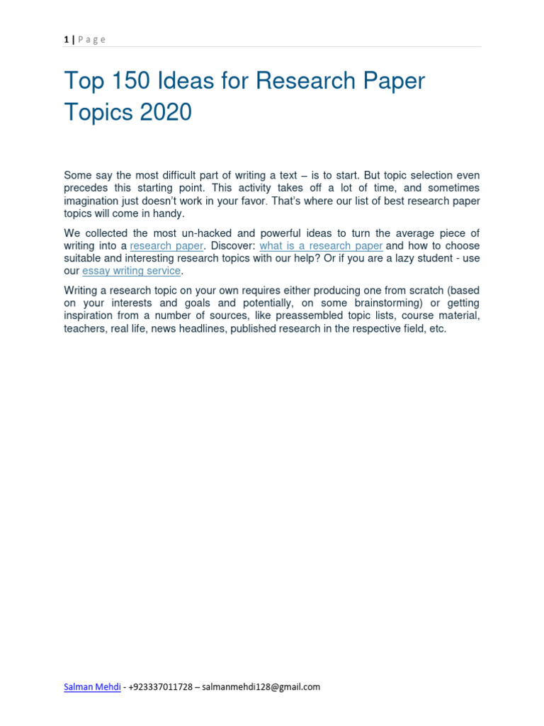 Top 150 Ideas For Research Paper Topics | PDF