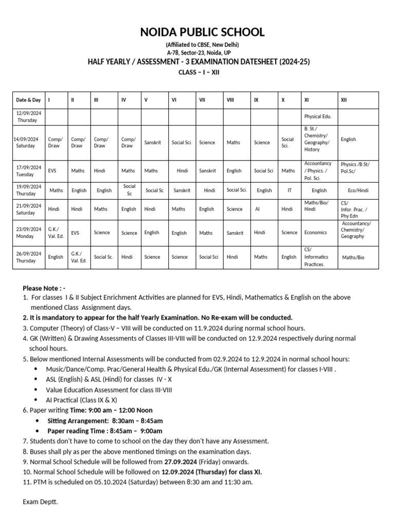 HALF YEARLY DATESHEET (2024-25) Nps Updated-1 | PDF