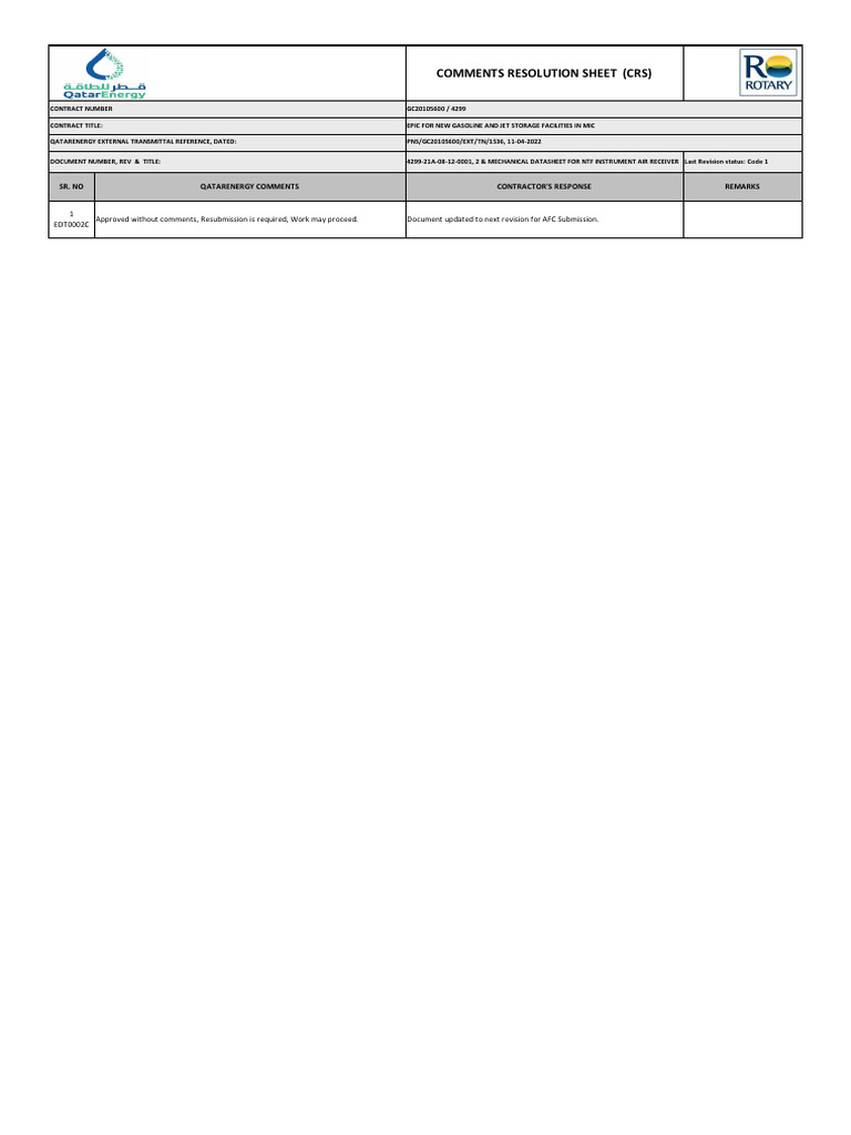 Comments Resolution Sheet (CRS) : Sr. No Qatarenergy Comments ...