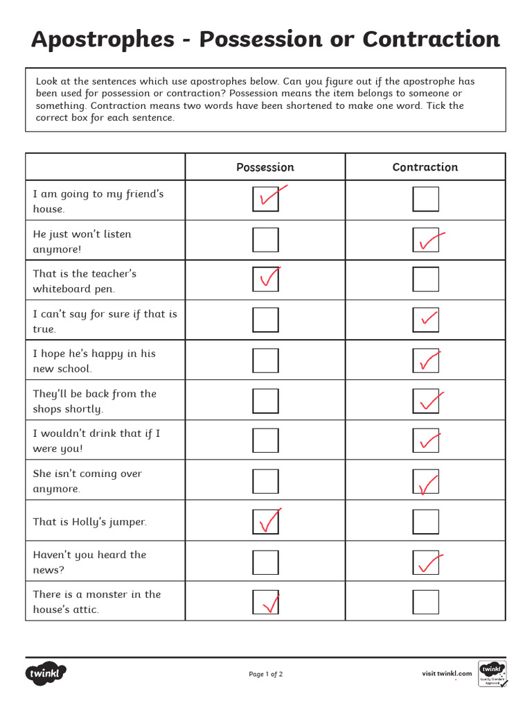 1st Apostrophes Possession or Contraction Worksheet PDF