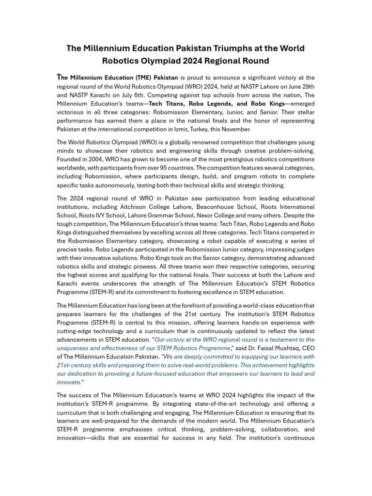 Press Release Tme World Robotics Olympiad 2024 Pdf