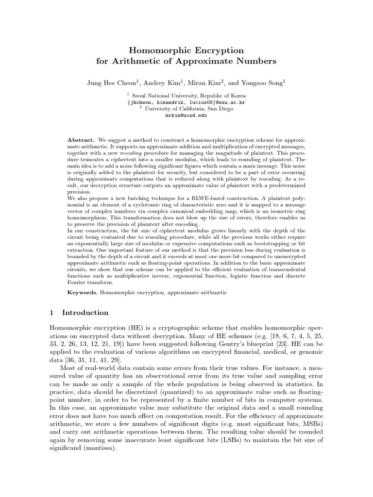Homomorphic Encryption For Arithmetic of Approximate Numbers | PDF