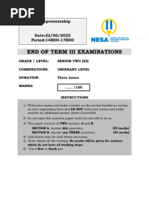 Entrepreneurship S2 Questions and Marking Guide
