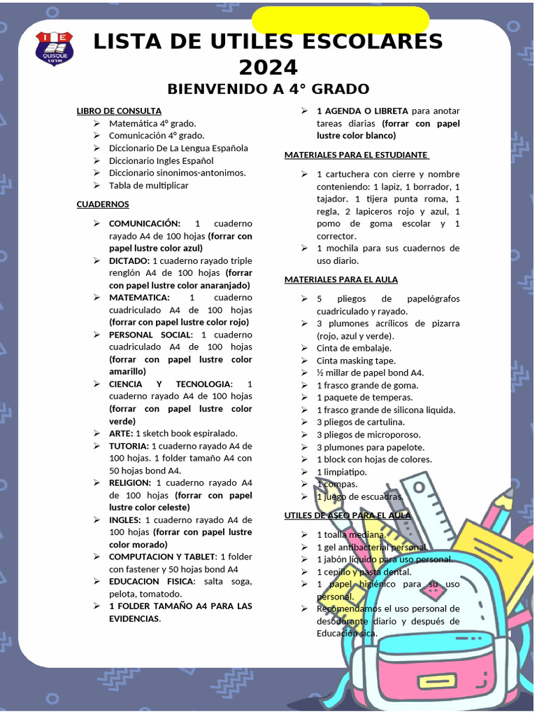Lista de Utiles Escolares 2024 Oficial | PDF