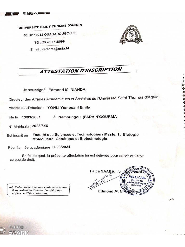 Attestation D inscription 2024 PDF
