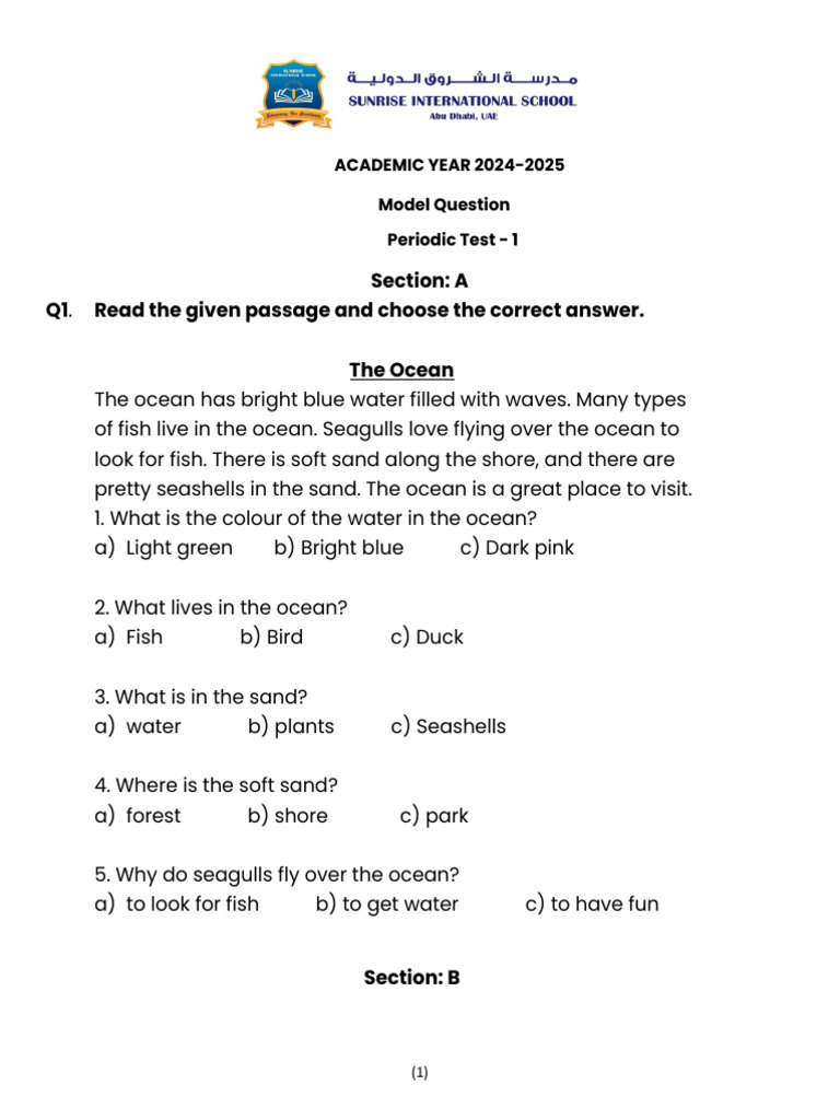 Section: A Q1 Read The Given Passage and Choose The Correct Answer. The ...