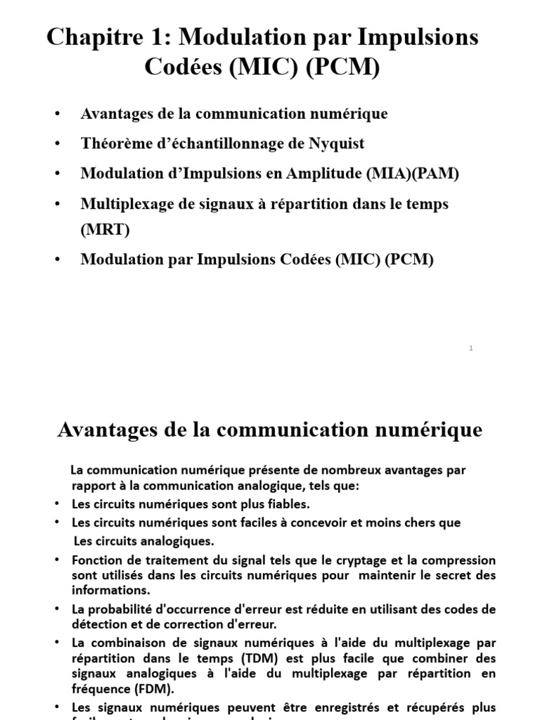 Module Transmission Réseaux Chapitre 1 Modulation MIC PCM | PDF ...
