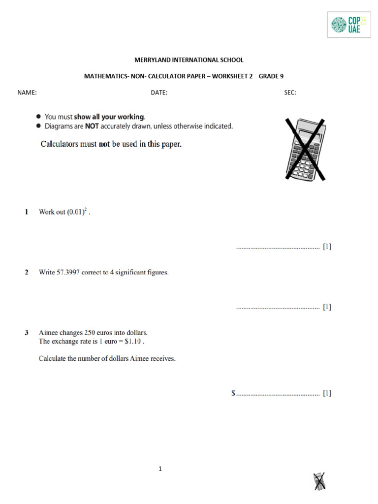 Non Calculator Worksheet 2 | PDF