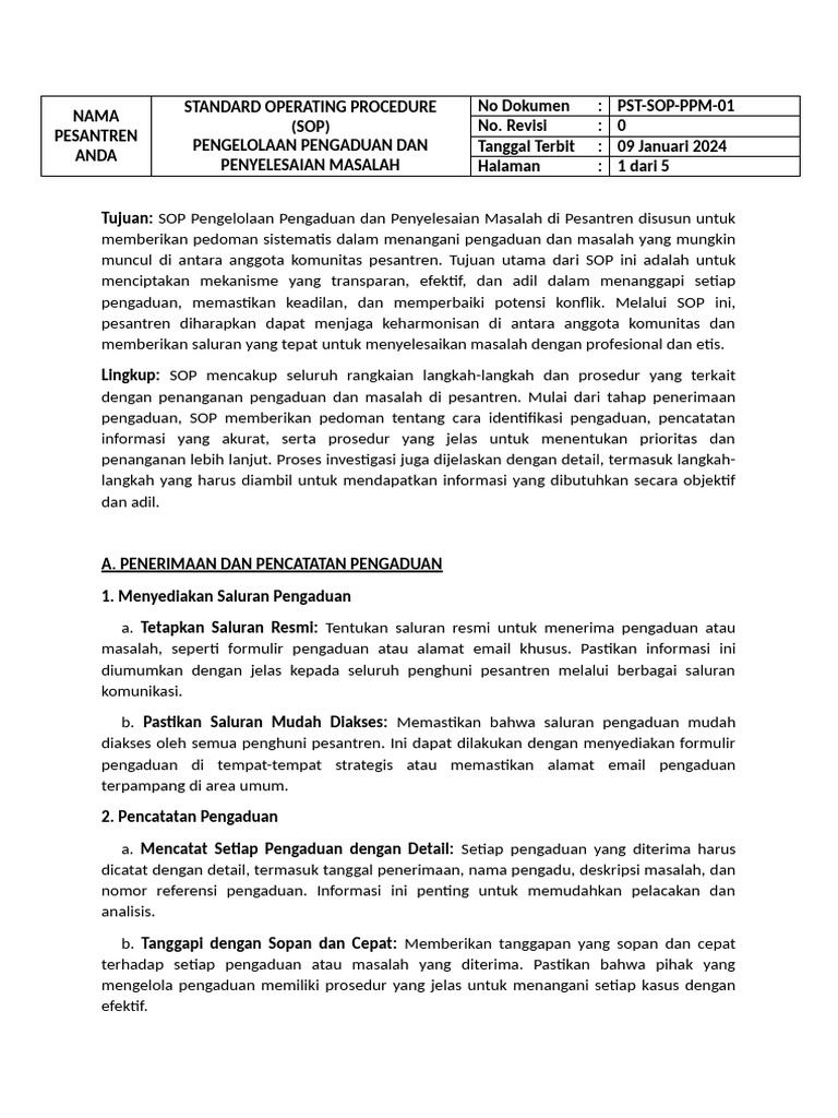 30 Sop Pengelolaan Pengaduan Dan Penyelesaian Masalah1 Pdf